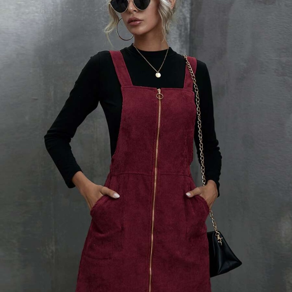 zipper pocket fall corduroy mini dress rust brown - Picture 3 of 8